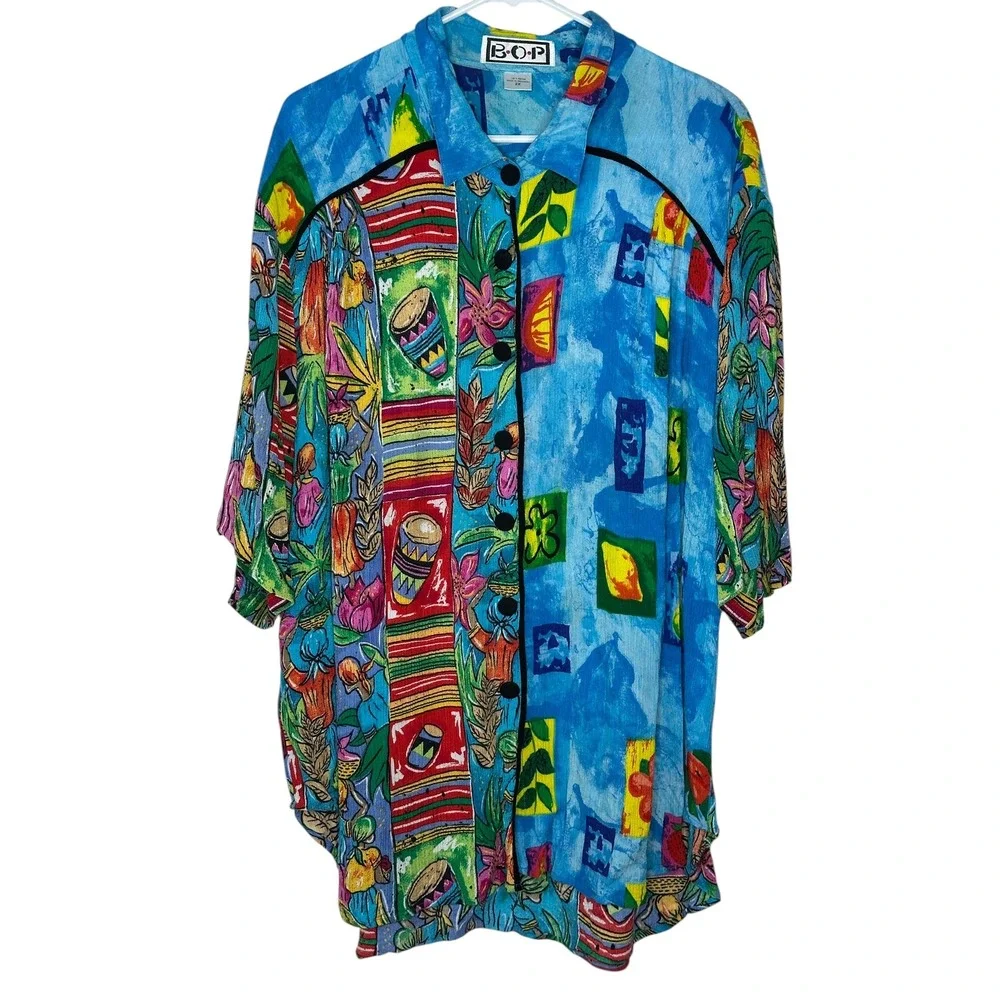 BOP Button Shirt 2X Blue Multi Caribbean Novelty Print Art to Wear Rayon Top - Picture 2 of 8